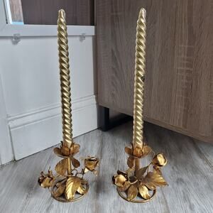 Hollywood Regency Italian Gilded Tole Candlesticks Candle Holders Set of 2